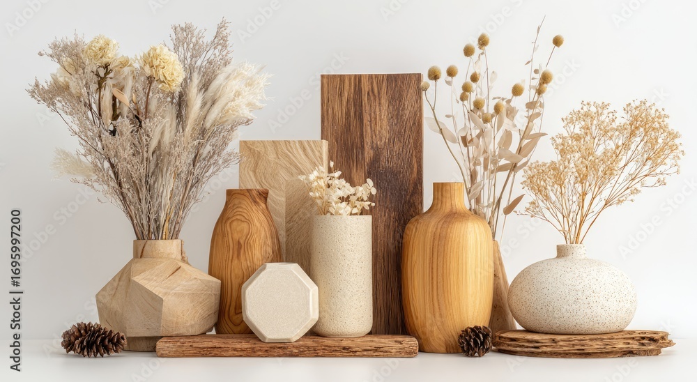 Arrangement of vases and wooden objects