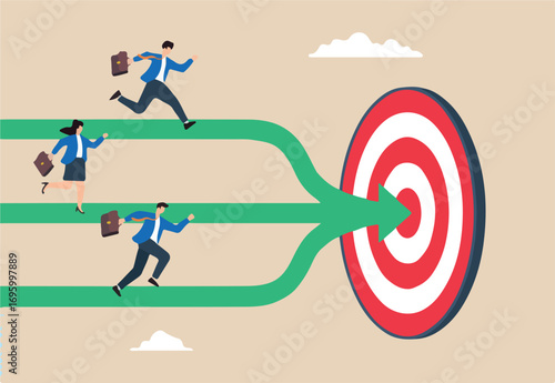 Flat illustration of business team running on different paths merging into one arrow toward target to align goals and achieve success