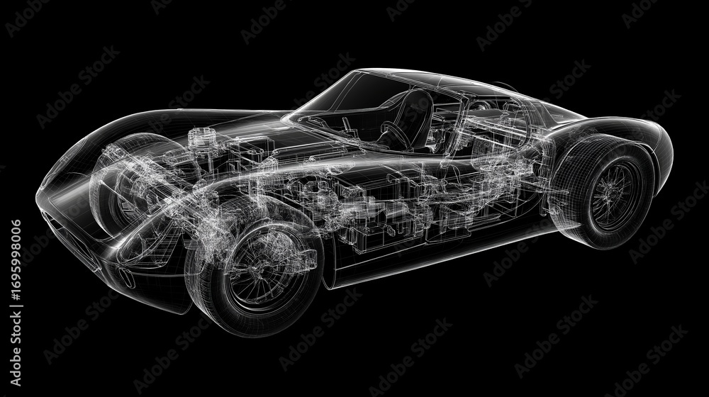 Naklejka premium Detailed rendering of a transparent sports car showcasing internal components and engineering design