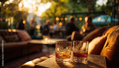 Two glasses of amber liquid on a wooden table, with a blurred background of an outdoor party at sunset