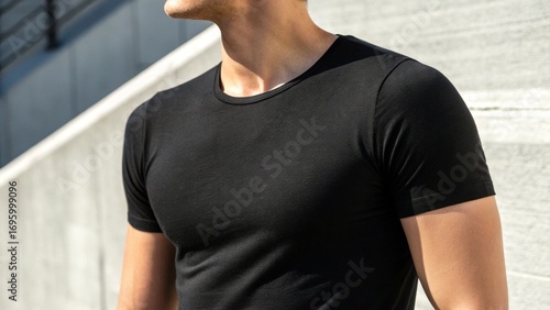 Close up of man in plain black fitted t shirt mockup outdoors 
