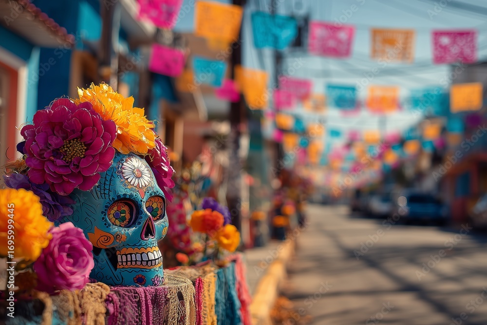 Fototapeta premium Colorful Day of the Dead Celebration with Catrina and Papel Picado
