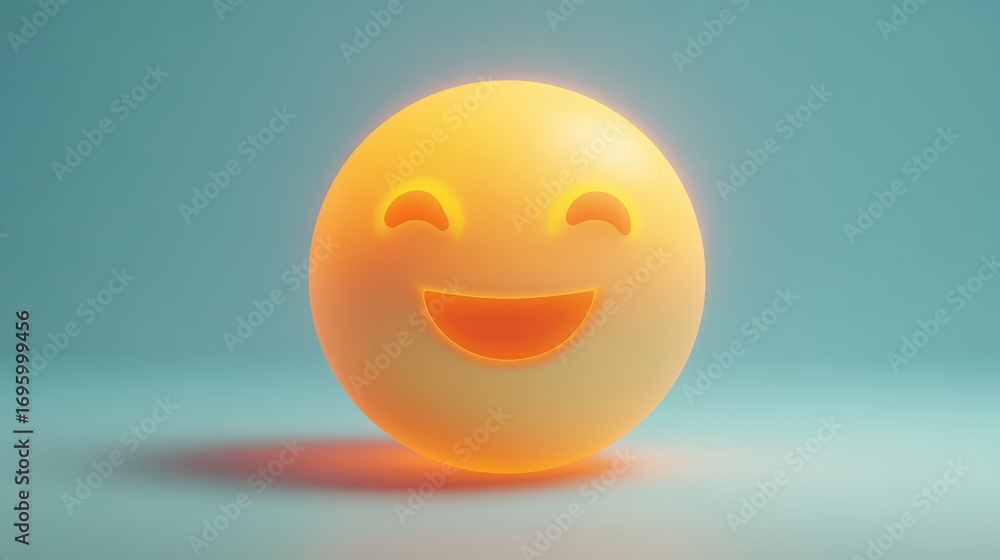 Fototapeta premium Bright yellow smiling emoji ball with cheerful face, happy expression, smooth surface, and glowing illumination on soft blue background