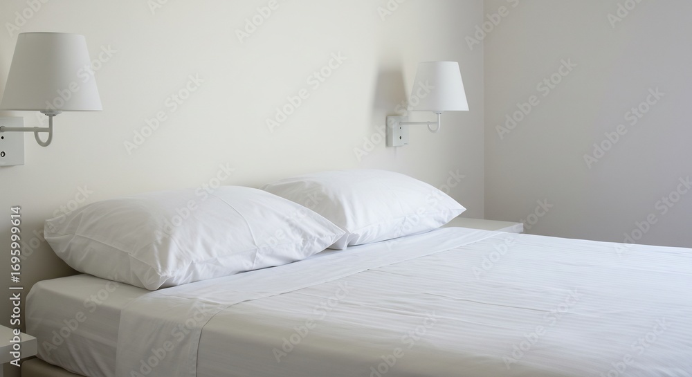 Naklejka premium 白く輝く寝室 柔らかな光が包む安らぎの空間. AI Generated