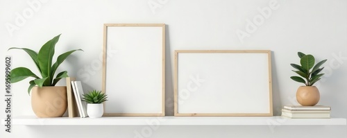 Minimalist white shelf with brown wooden frames, books, plants, and home accessories , minimalism, product photography, homeware