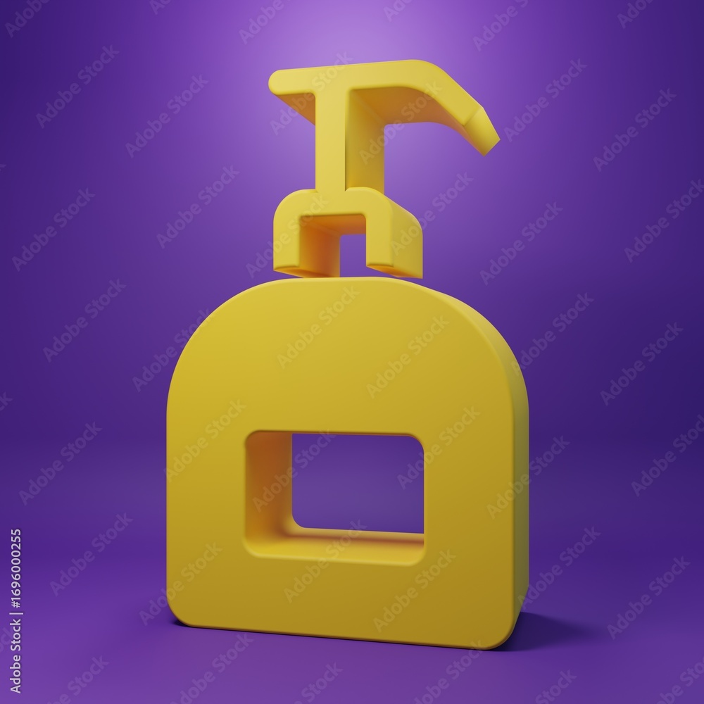 Obraz premium Yellow Bottle of liquid antibacterial soap with dispenser icon isolated on purple background. Antiseptic. Disinfection, hygiene, skin care. Minimalism concept. 3D render illustration