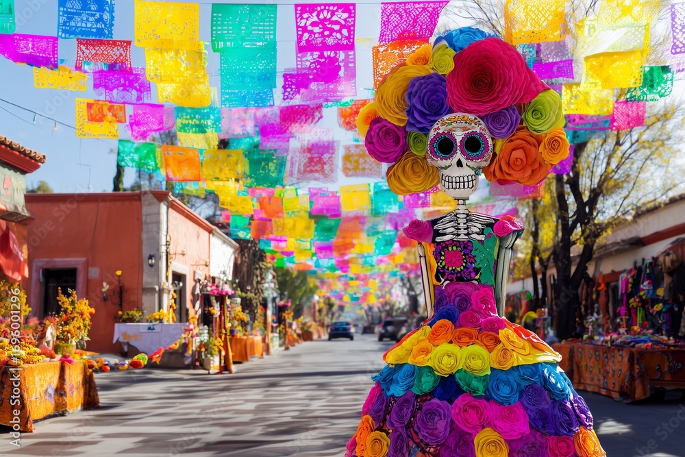 Fototapeta premium Colorful Day of the Dead Celebration with Catrina and Papel Picado