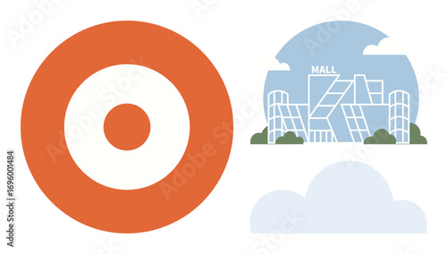 Large orange target next to contemporary mall building surrounded by greenery and abstract clouds. Ideal for retail, shopping, marketing, branding, business strategy, urban design, customer focus