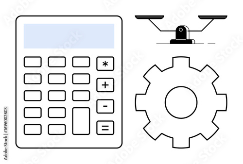 Calculator, gear, and balance scale highlight concepts of accuracy, efficiency, and fairness. Ideal for finance, engineering, balance optimization planning problem-solving and teamwork. Simple