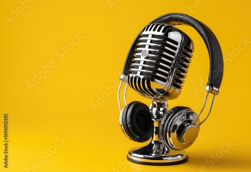 Retro microphone with headphones on a yellow background