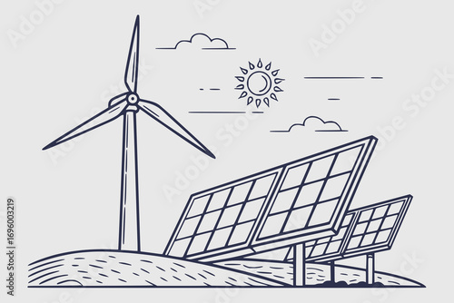 Renewable energy wind turbine + solar panel mix, dual tone vector