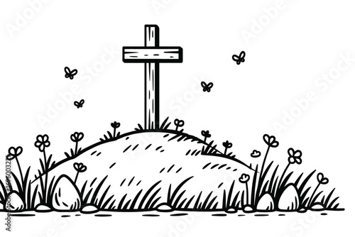 A simple black and white vector illustration of a wooden cross on a grassy burial mound with wildflowers and stones