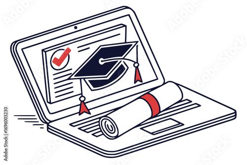 Online learning laptop with graduation cap, clean two-color vector