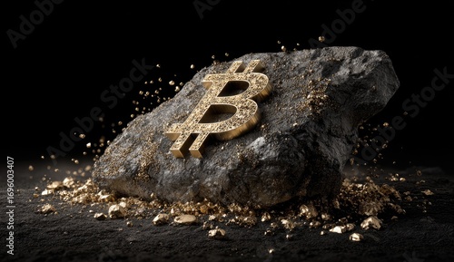 Golden Bitcoin symbol on a dark rock