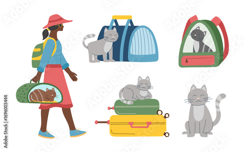 The concept of travel with cat. Set of cats, bags, carriers and a woman isolated on white background. Vector flat cliparts.