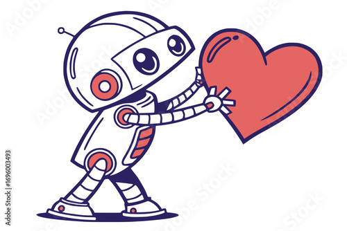 Robot holding a heart, futuristic sticker design, dual color vector