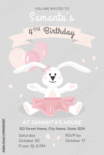 Cute birthday invitation template with white bunny in pink tutu and bow, pastel balloons, and festive design. Perfect for kids party, baby celebration, greeting card or event.