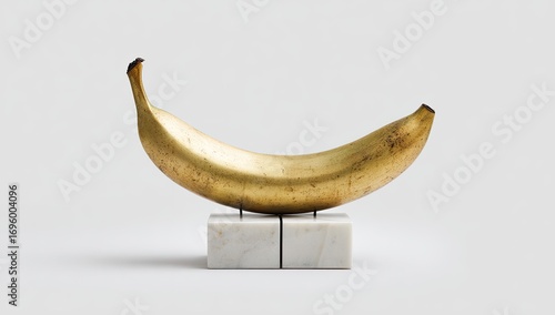 Gilded banana sculpture on marble plinth