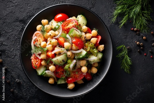 Topdown shot Salad with chickpeas tomatoes cucumber  herbs in a black bowl on a dark textured surface
