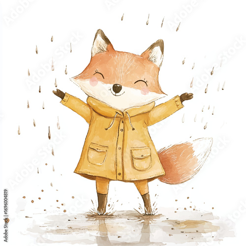 A happy cartoon fox wearing a yellow raincoat in the rain.