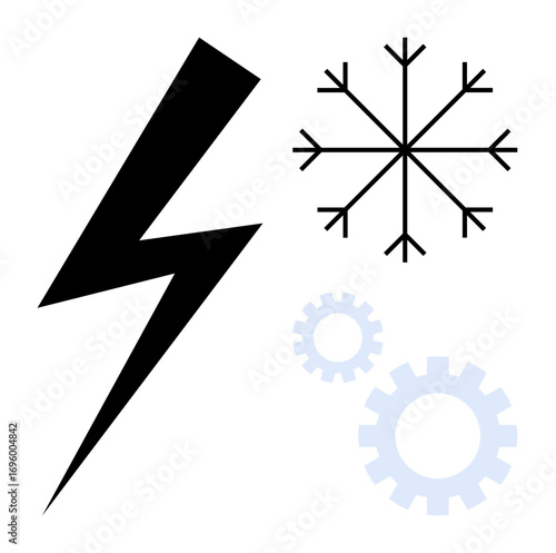 Lightning bolt, snowflake, and gear elements symbolizing power, winter, and innovation. Ideal for energy, technology, renewable resources, seasonal themes engineering winter utilities simple flat