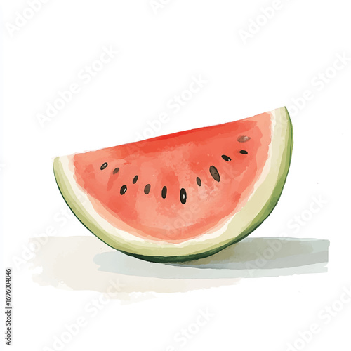 A juicy slice of watermelon with its vibrant red flesh and black seeds.