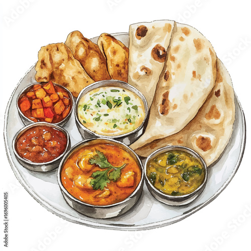 A vibrant watercolor illustration of a traditional Indian thali platter.
