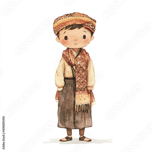 A young boy in traditional clothing likely from a specific culture with a warm and inviting expression.