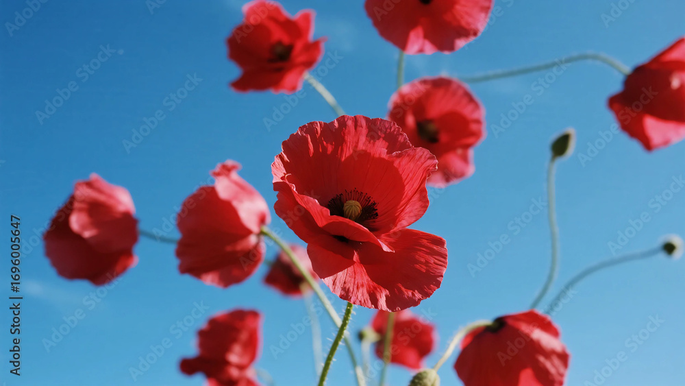 Obraz premium falling few red Petals scattered on blue sky background. photograph