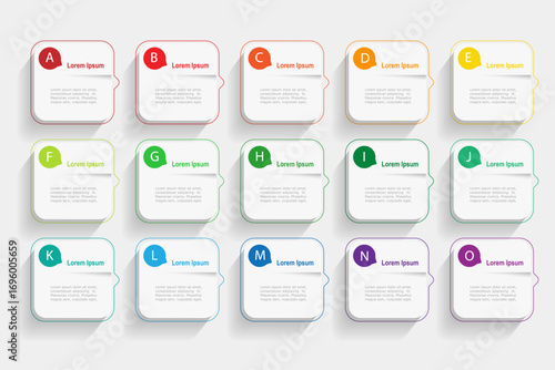For business concept with 15 steps infographics, rectangle shape with multicolor label, design for workflow layout, diagram, annual report, web design. vector illustration