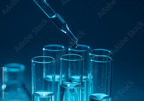 Clear test tubes under blue lighting.