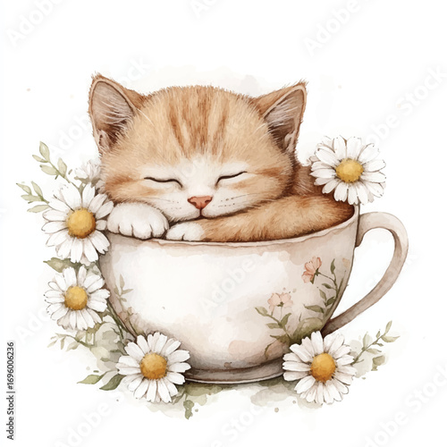 Adorable ginger kitten sleeping peacefully in a teacup surrounded by daisies.