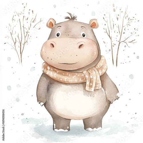 Adorable Hippo in Winter Scarf A Charming Watercolor Illustration.