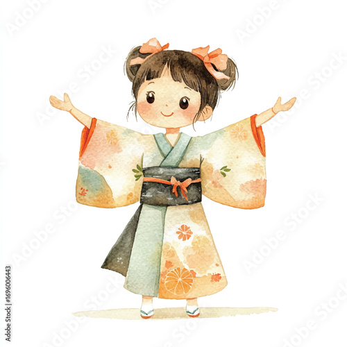 Adorable Japanese Girl in Kimono Smiling and Welcoming.