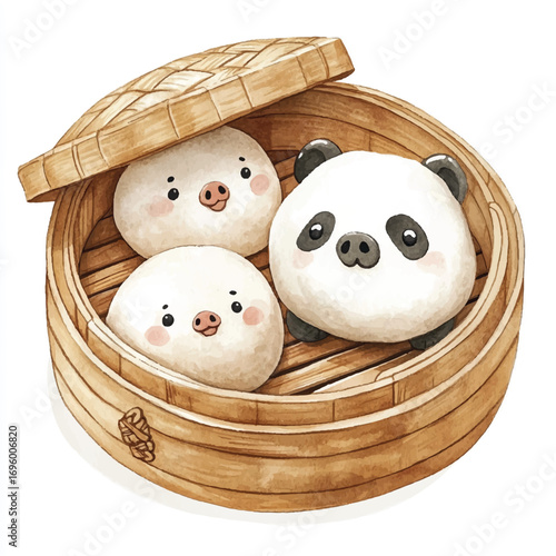 Adorable Panda and Pig Steamed Buns in Bamboo Steamer.