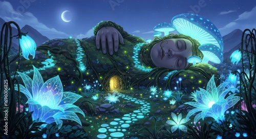 Dreamscape slumber colossal figure immersed in luminous flora under moonlight tranquility