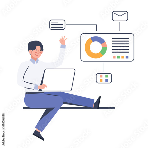 Delighted manager analyzing data and celebrating business success with modern charts and laptop
