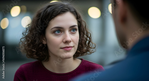 Young woman looking intently at a man thoughtful expression meaningful conversation relationship connection communication romance love trust