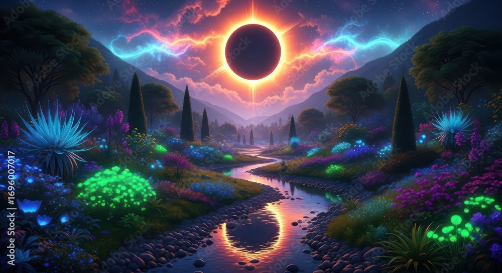 Obraz premium A Mystical Landscape with a Celestial Eclipse and Vibrant Fluorescent Flora reflects in the