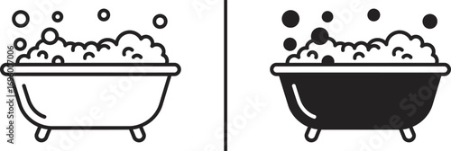 Cleanliness in Black and White: A minimalist set, featuring a bubbly bathtub in both outline and filled-in styles, evoking a sense of spa-like relaxation and personal care.