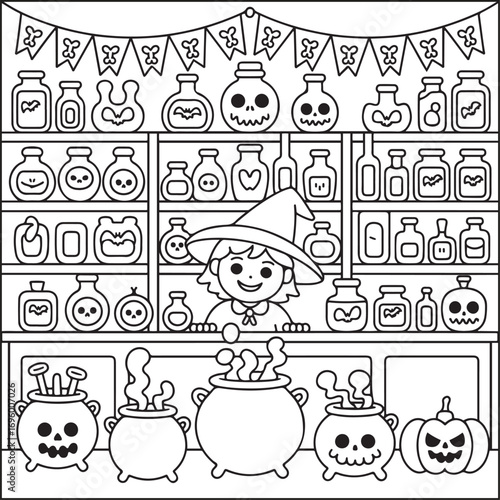 Halloween spooky cuties coloring pages for teens and adults. Black and white coloring pages for Amazon KDP with color in this image.