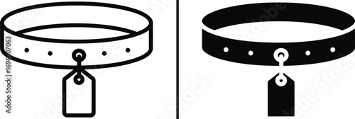 Simple Pet Collar Icon Set: A straightforward pair of minimalist illustrations of a dog collar and identification tag, showcasing a clean and simple design.