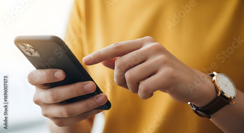 Person using smartphone modern technology digital communication mobile phone online connection internet browsing social media apps texting