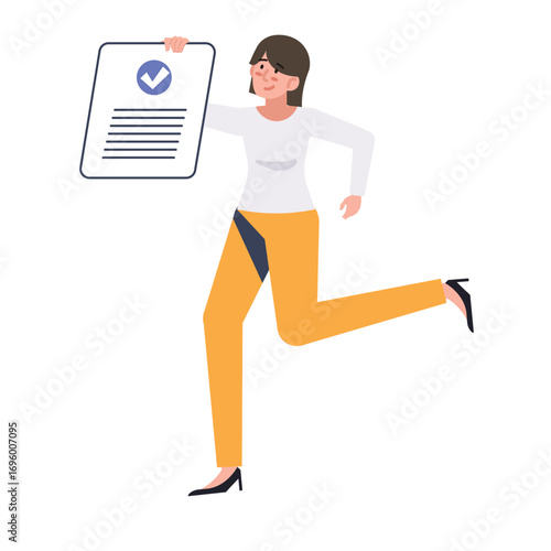 Cheerful woman running with successful paperwork completion approval document in hand celebrates success