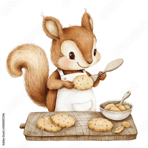 Adorable squirrel baker preparing cookies with a wooden spoon and apron.
