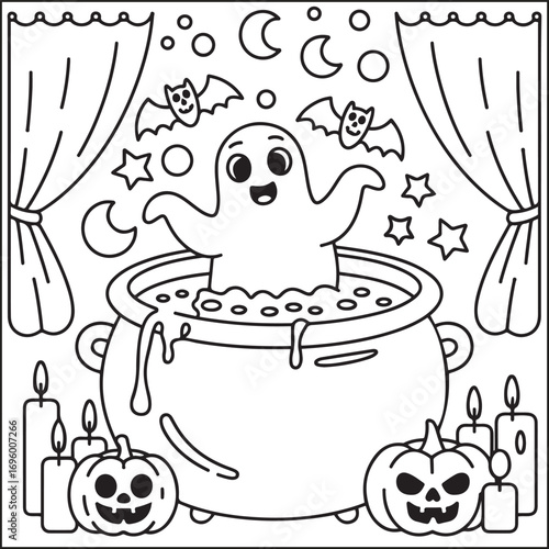 Halloween spooky cuties coloring pages for teens and adults. Black and white coloring pages for Amazon KDP with color in this image.