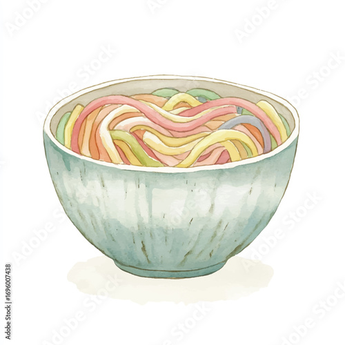 A bowl of colorful noodles in a light blue bowl.