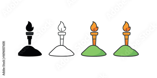 Vector icon island with bamboo torch same pose same proportions four styles black solid glyph outline minimal flat multicolor filled cartoon flat shaded.