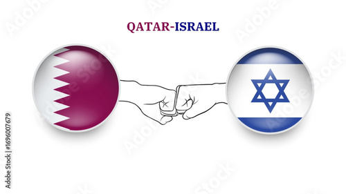 qatar and israel flags in circle with punches hand. qatar And israel clash. qatar And israel flags, isolated on white background. Vector icon set. Vector illustration.
