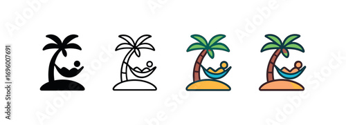 Vector icon island with palm hammock person same pose same proportions four styles black solid glyph outline minimal flat multicolor filled cartoon flat shaded.